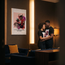 Load image into Gallery viewer, Couple embracing in a dimly lit room with a wall art piece behind them.
